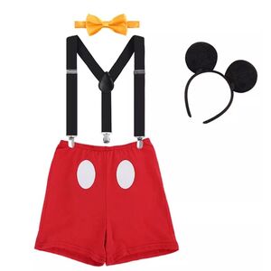 Set aniversar 2 ani "Mickey", pantalon rosu cu bretele, papion galben si coronita
