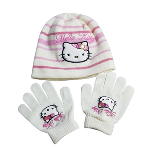 Set alb cu roz "Hello Kitty", caciula + manusi, 3-4 ani