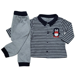 Set 2 piese "Pinguinul fericit", bluza in dungi, pantaloni gri