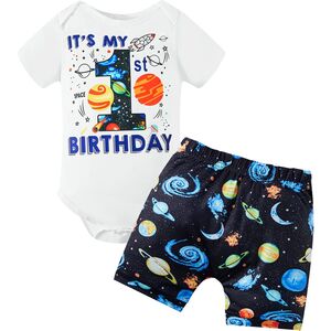 Set aniversar 1 an "Space party" , body alb maneca scurta , pantaloni scurti