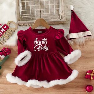 Set Craciun 2 piese "Santa baby", rochie rosie cu blanita alba si caciulita catifea