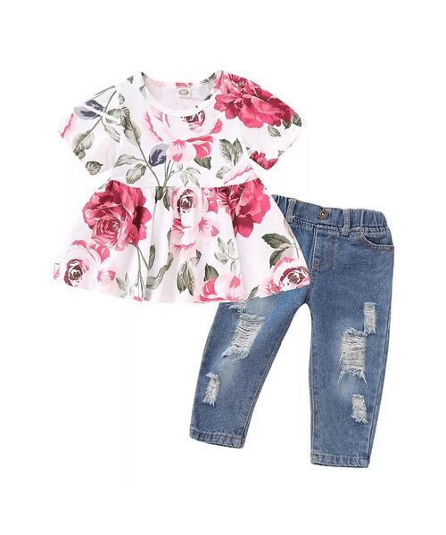 Set 2 piese tricou flori si blugi