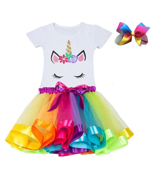 Set 3 piese "Unicornul curcubeu", tricou alb, fusta multicolora si clips