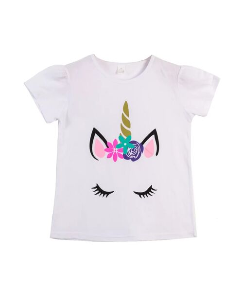 Set 3 piese "Unicornul curcubeu", tricou alb, fusta multicolora si clips