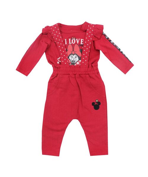 Set 2 piese "Love Minnie", bluza maneca lunga, pantaloni rosii cu bretele