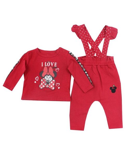 Set 2 piese "Love Minnie", bluza maneca lunga, pantaloni rosii cu bretele