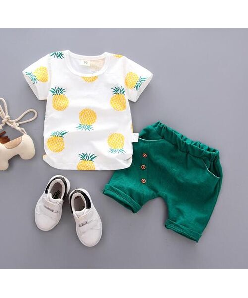 Set vara 2 piese "Ananas", tricou alb, pantalon scurt verde