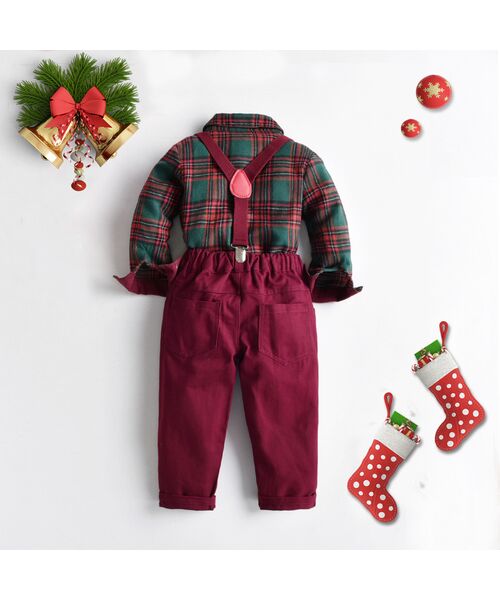 Set 2 piese "Chic boy", camasa verde in carouri cu papion, pantaloni visinii cu bretele