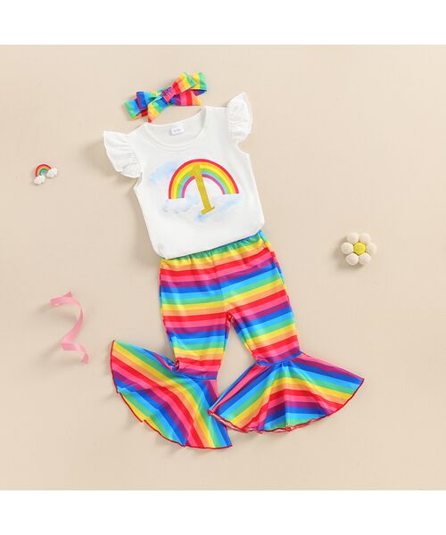 Set aniversar 1 an "Curcubeu", body alb maneca scurta, pantaloni multicolor tip clopot si bentita