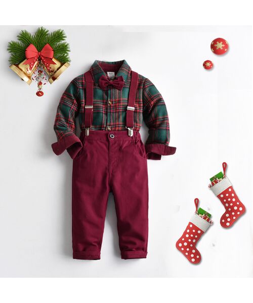 Set 2 piese "Chic boy", camasa verde in carouri cu papion, pantaloni visinii cu bretele