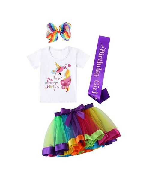 Set aniversar "Birthday girl", tricou alb model unicorn, fusta curcubeu, clips par si banderola mov