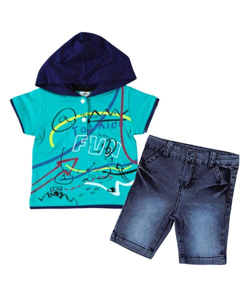 Set vara 2 piese " Fun kids", tricou verde cu gluga albastra , blugi scurti