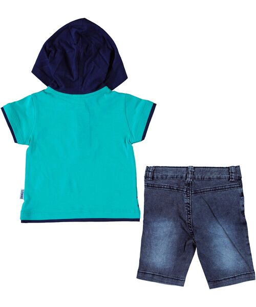 Set vara 2 piese " Fun kids", tricou verde cu gluga albastra , blugi scurti