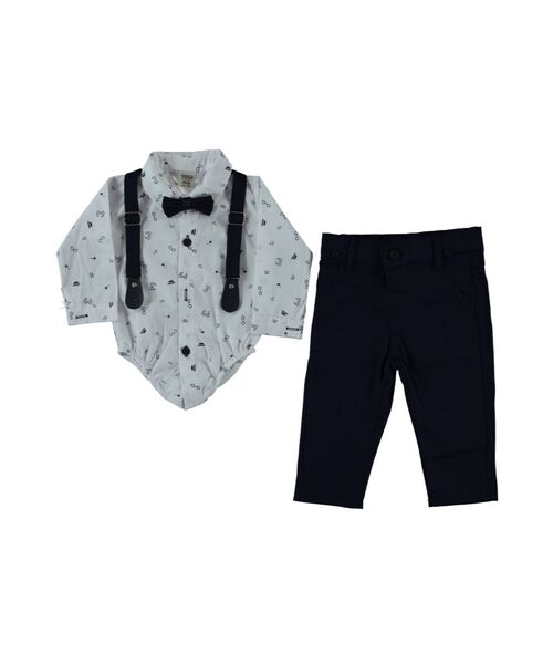 Set 2 piese "Look de afaceri", body alb cu papion, pantaloni bleumarini cu bretele detasabile