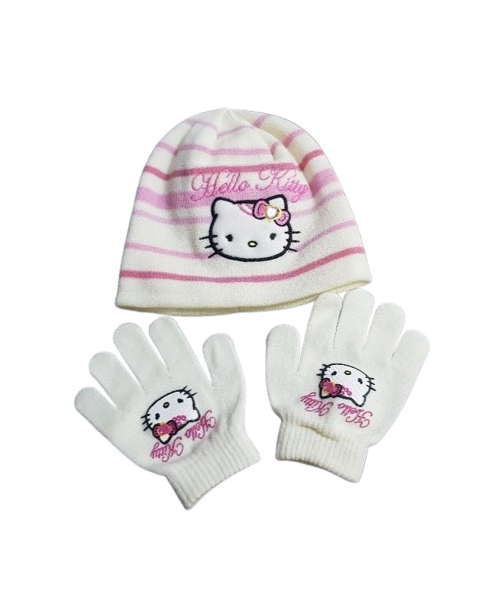 Set alb cu roz "Hello Kitty", caciula + manusi, 3-4 ani