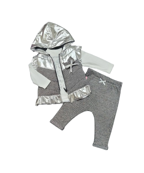 Set 3 piese "Fantastic star",  vesta metalizata, bluza alba, pantaloni gri stil pipita