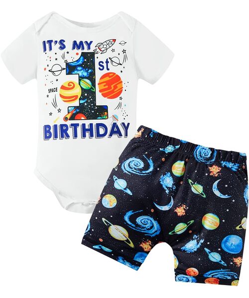 Set aniversar 1 an "Space party" , body alb maneca scurta , pantaloni scurti