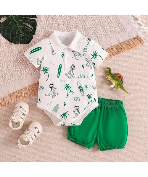 Set vara 2 piese "Cool dino", body alb, pantaloni scurti verzi