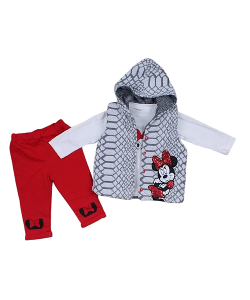 Set 3 piese " Minnie chic", vesta gri cu gluga, bluza alba maneca lunga, pantaloni rosii