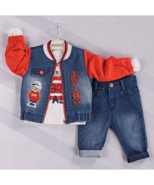 Set blug 3 piese "Little bear", geaca, bluza alba maneca lunga, pantaloni albastri