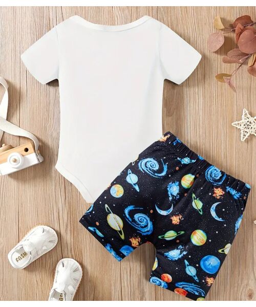 Set aniversar 1 an "Space party" , body alb maneca scurta , pantaloni scurti