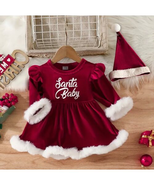 Set Craciun 2 piese "Santa baby", rochie rosie cu blanita alba si caciulita catifea