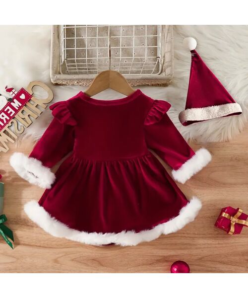 Set Craciun 2 piese "Santa baby", rochie rosie cu blanita alba si caciulita catifea