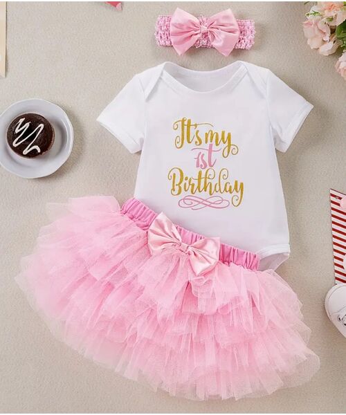 Set aniversar 1 an "First birthday", body alb maneca scurta, fusta tull si bentita