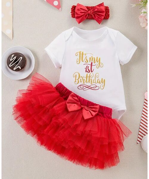 Set aniversar 1 an "First birthday", body alb maneca scurta, fusta tull si bentita