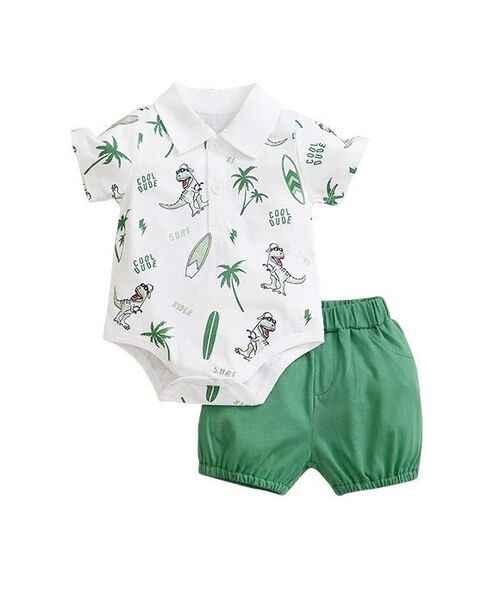 Set vara 2 piese "Cool dino", body alb, pantaloni scurti verzi