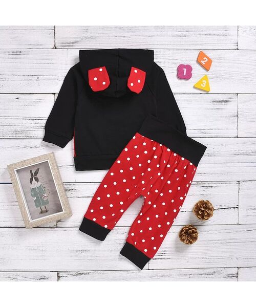 Set 2 piese , hanorac rosu cu negru, pantaloni rosii cu buline