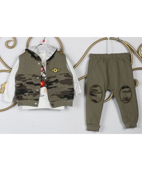 Trening 3 piese " Vis de aviator", bluza alba maneca lunga, vesta si pantaloni model militaresc