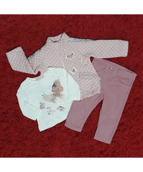 Set 3 piese " Fluturi in zbor", geaca roz pal, bluza maneca lunga si blugi