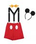 Set aniversar 2 ani "Mickey", pantalon rosu cu bretele, papion galben si coronita