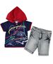 Set vara 2 piese " Fun kids", tricou albastru cu gluga rosie , blugi gri scurti