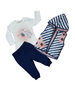 Set 3 piese " Crizantema roz", vesta in dungi cu gluga, bluza alba maneca lunga, pantaloni bleumarin