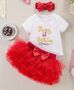 Set aniversar 1 an "First birthday", body alb maneca scurta, fusta tull si bentita